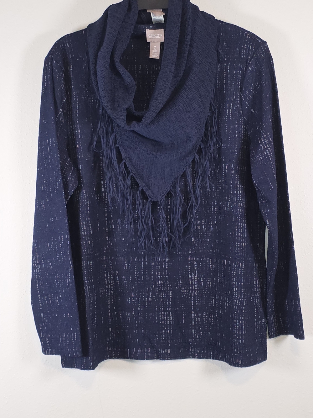 Chico's Navy Fringe Cowl-Neck Sweater